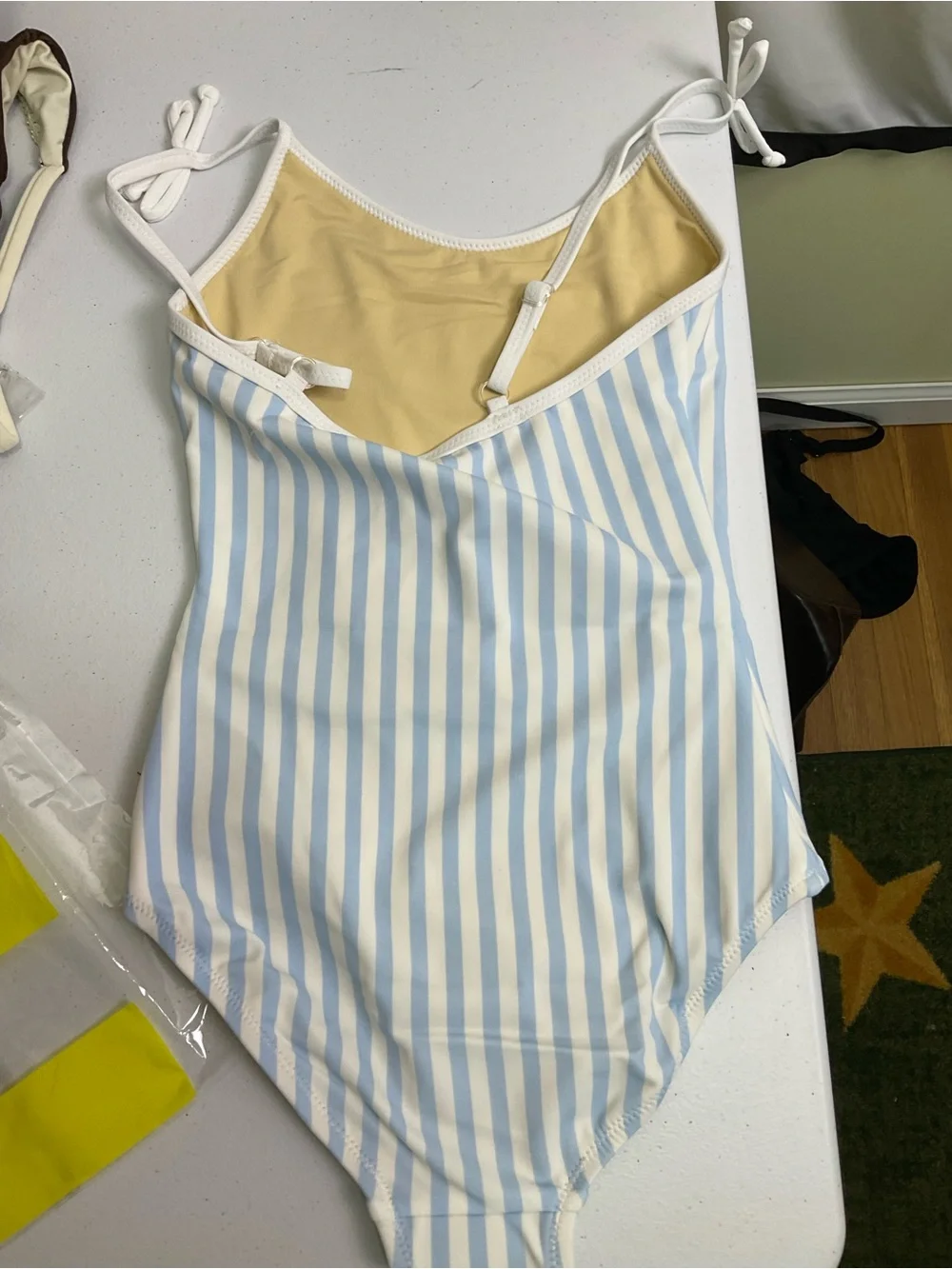 Shade Critters Light Blue & White Striped One-Piece Swimsuit with Sequin Flag